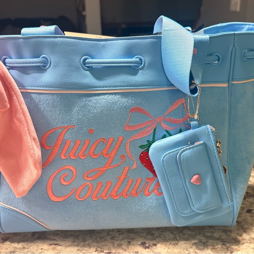 Juicy Couture Sky Blue Tote with Pink Script & Strawberry Accent